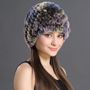 Genuine Knit Women Fur Beanie Hat in Multicolor