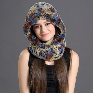 Women's Bomber Real Fur Hats Infinity Scarf with Hood