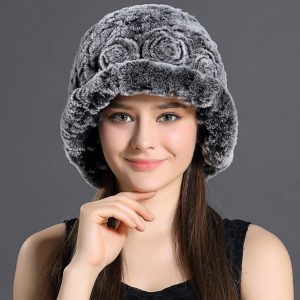 Real Fur Bucket Hat for Women Rosette Winter Caps